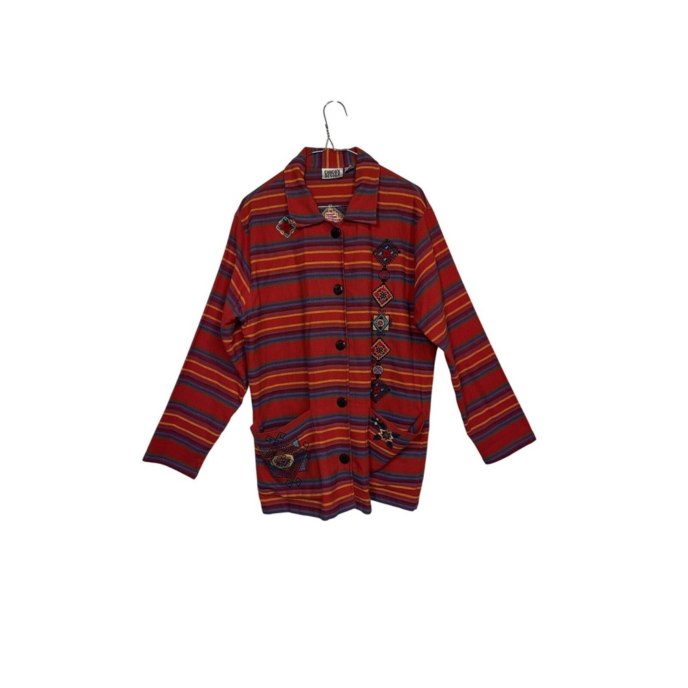 Chico's Design Jacket Women Size 0 Red Multi Striped Embroidered Southwestern